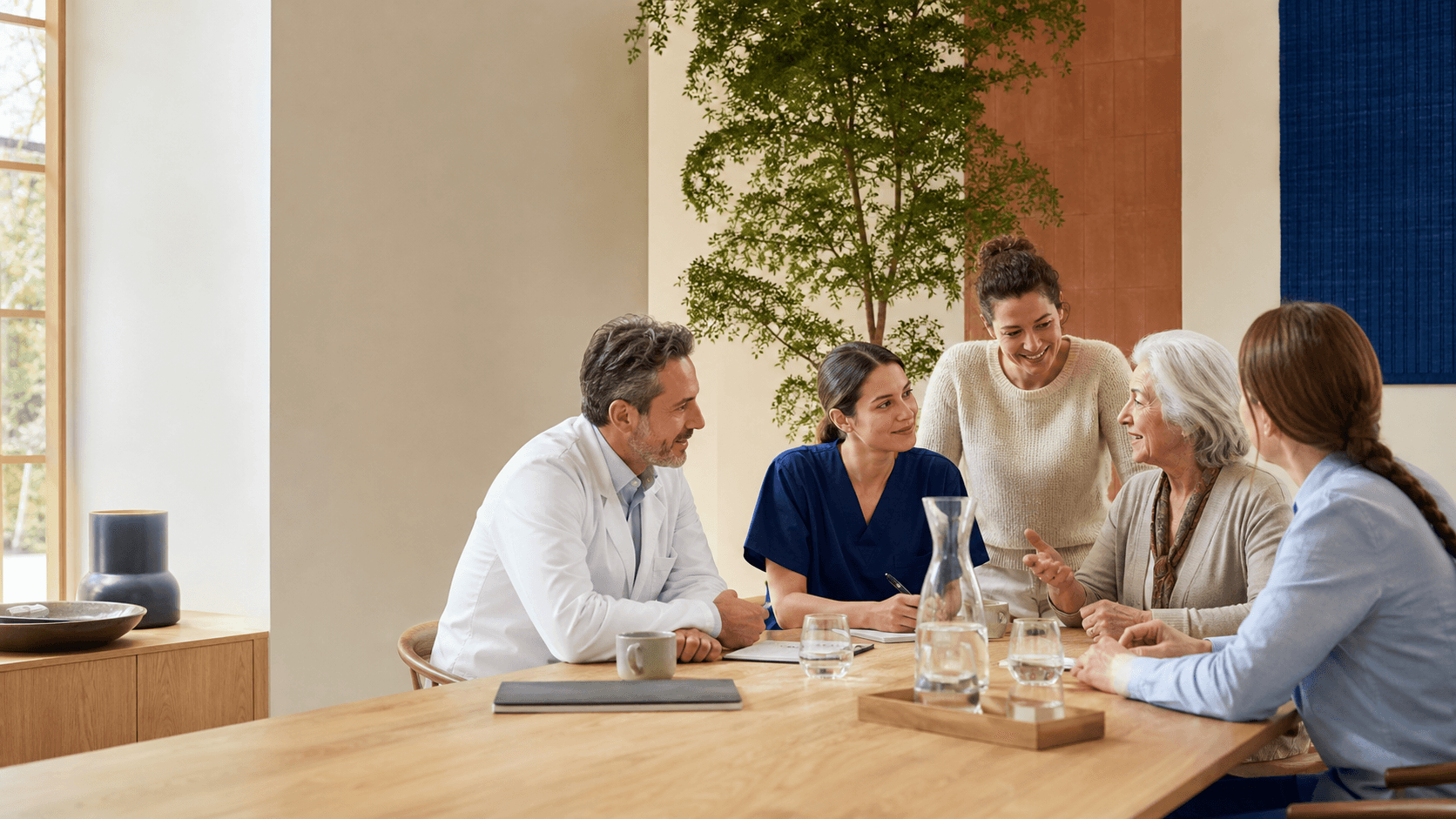 Un equipo asistencial multidisciplinar escucha a una paciente en una clínica moderna y acogedora