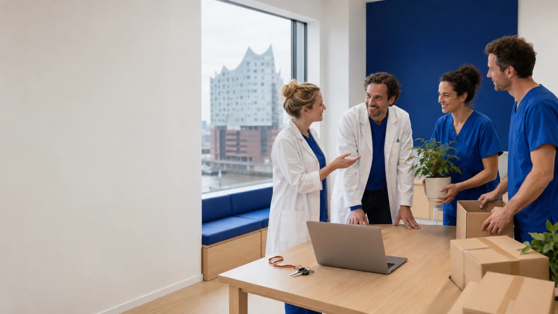 Una propietaria de clínica y una responsable de consulta preparan con su equipo una nueva clínica acogedora en Hamburgo