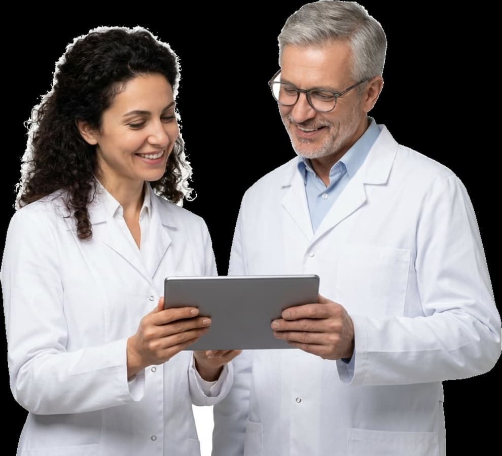 Two clinicians reviewing a patient record together
