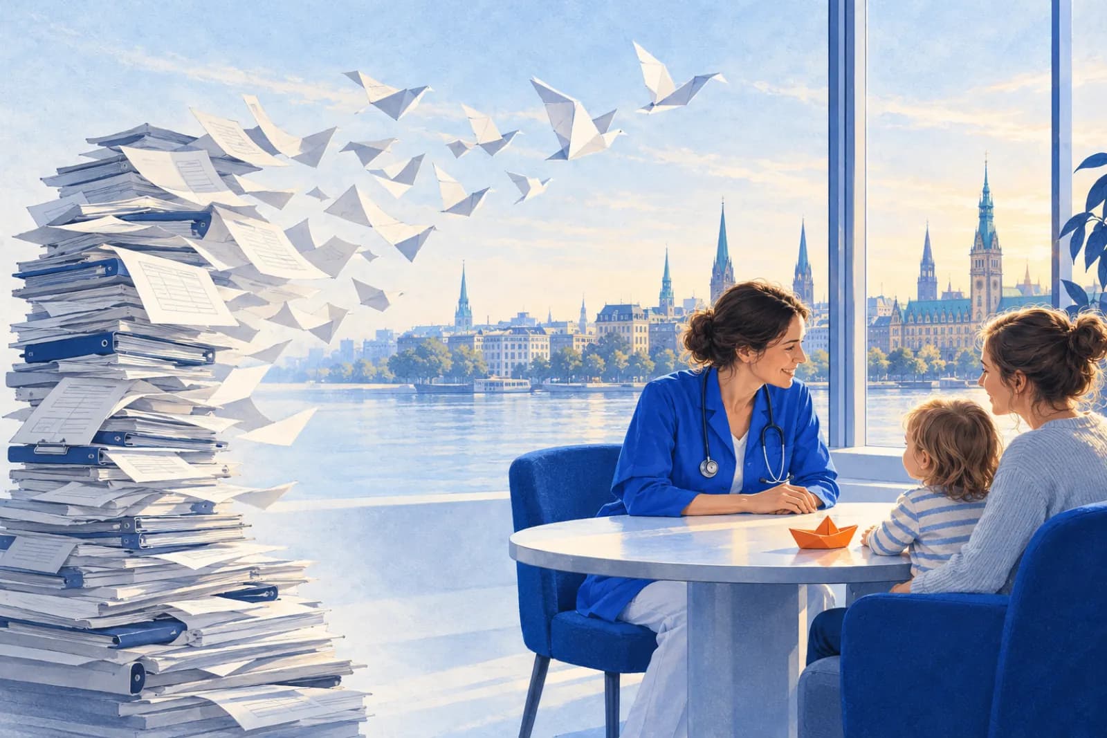 Illustration: a stack of paperwork turns into paper birds while a doctor gives a mother and child her full attention by a window over Hamburg.